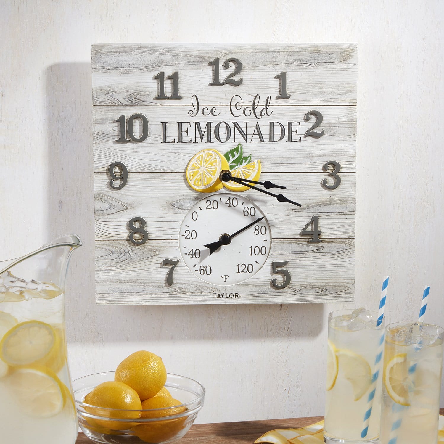 14"x14" Lemonade Clock with Thermometer