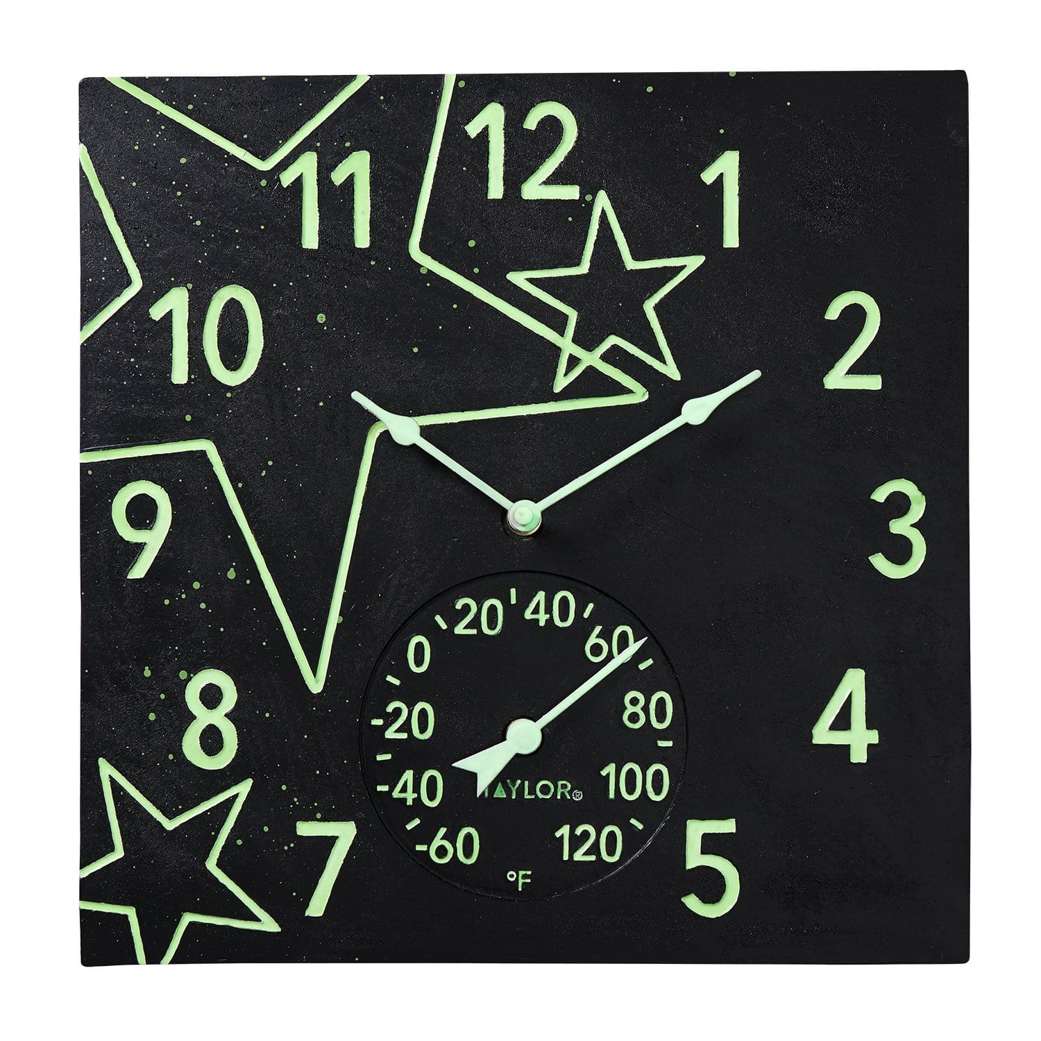 14"x14" Midnight Stars Glow in the Dark Clock with Thermometer