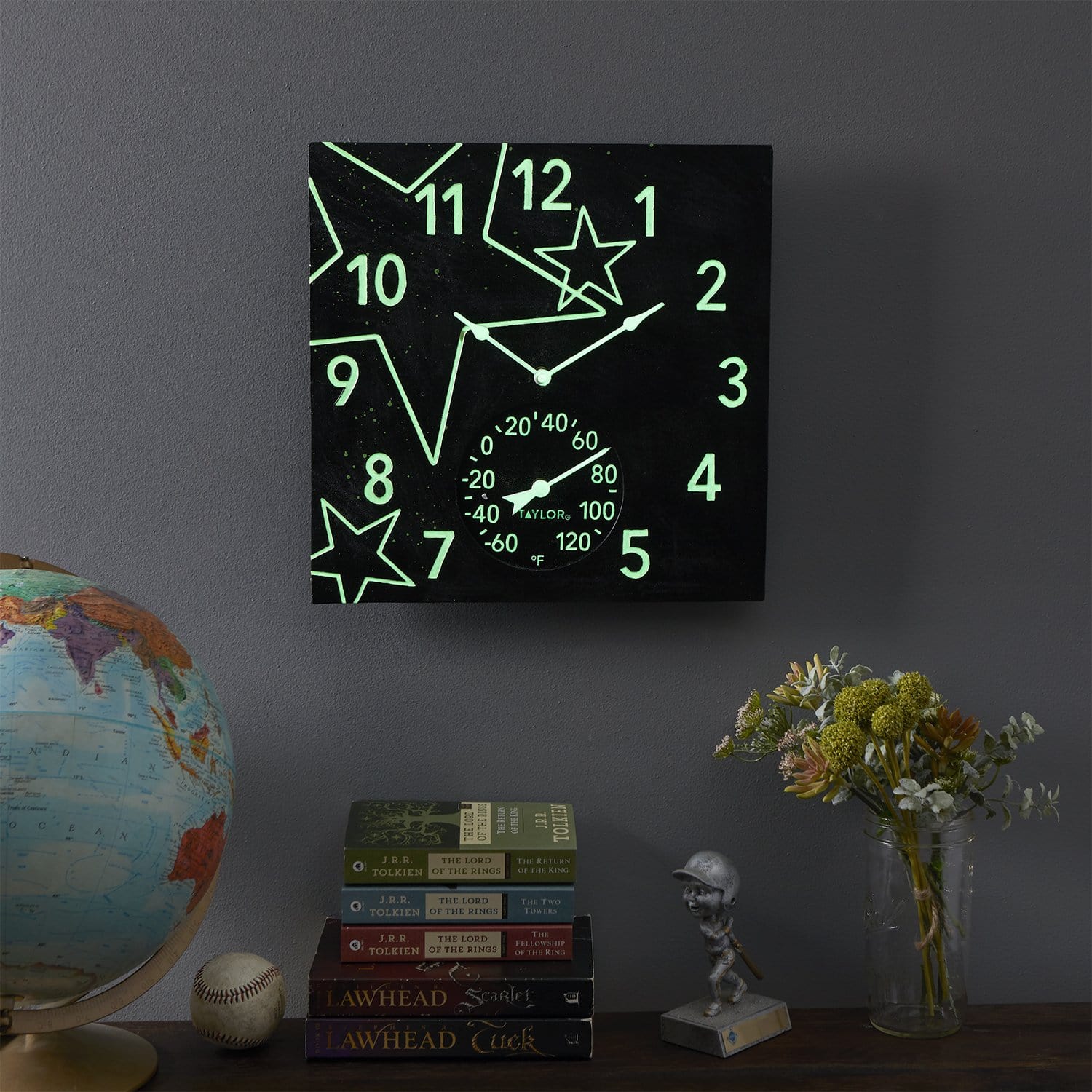 14"x14" Midnight Stars Glow in the Dark Clock with Thermometer