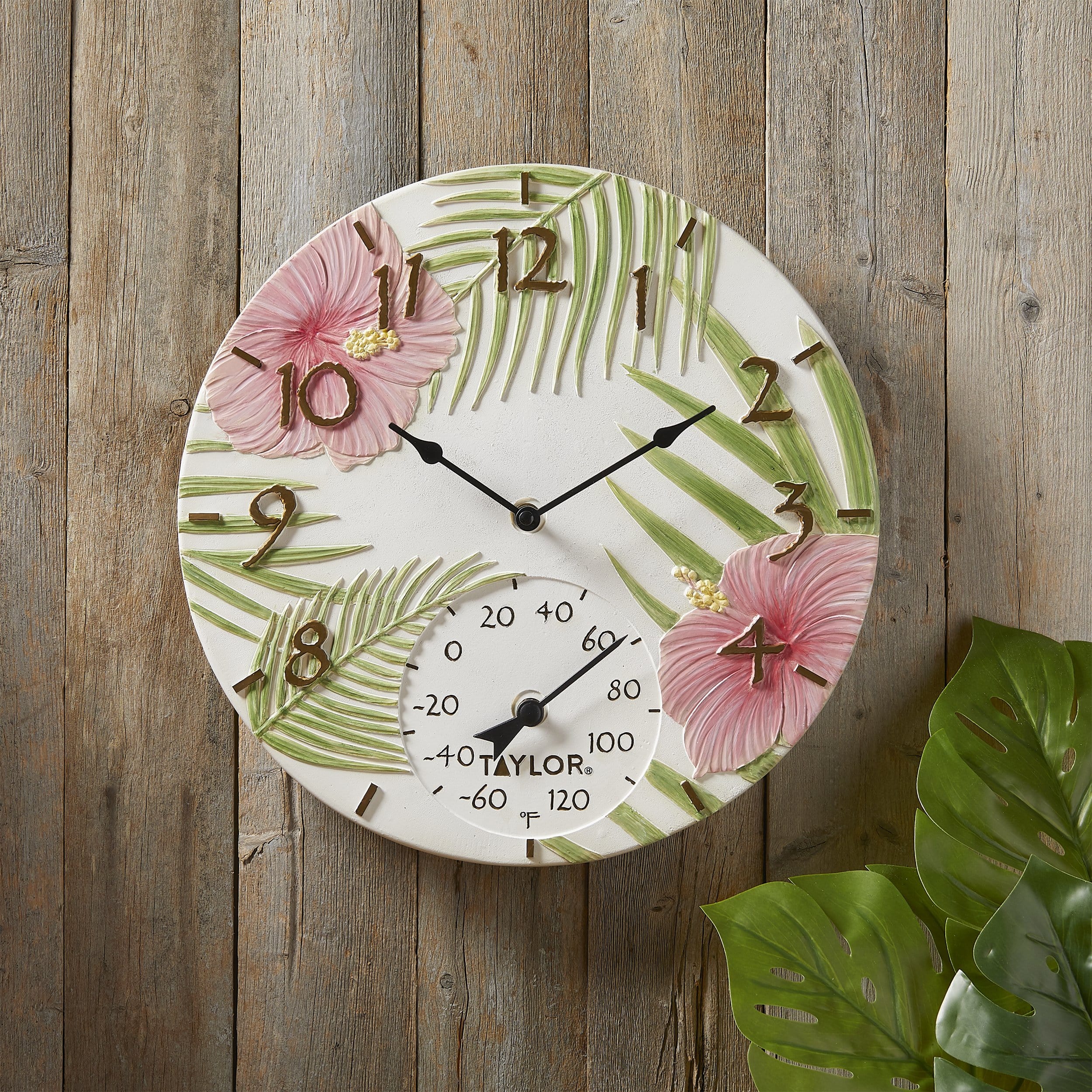 14" Pink Hibiscus Poly Resin Clock with Thermometer