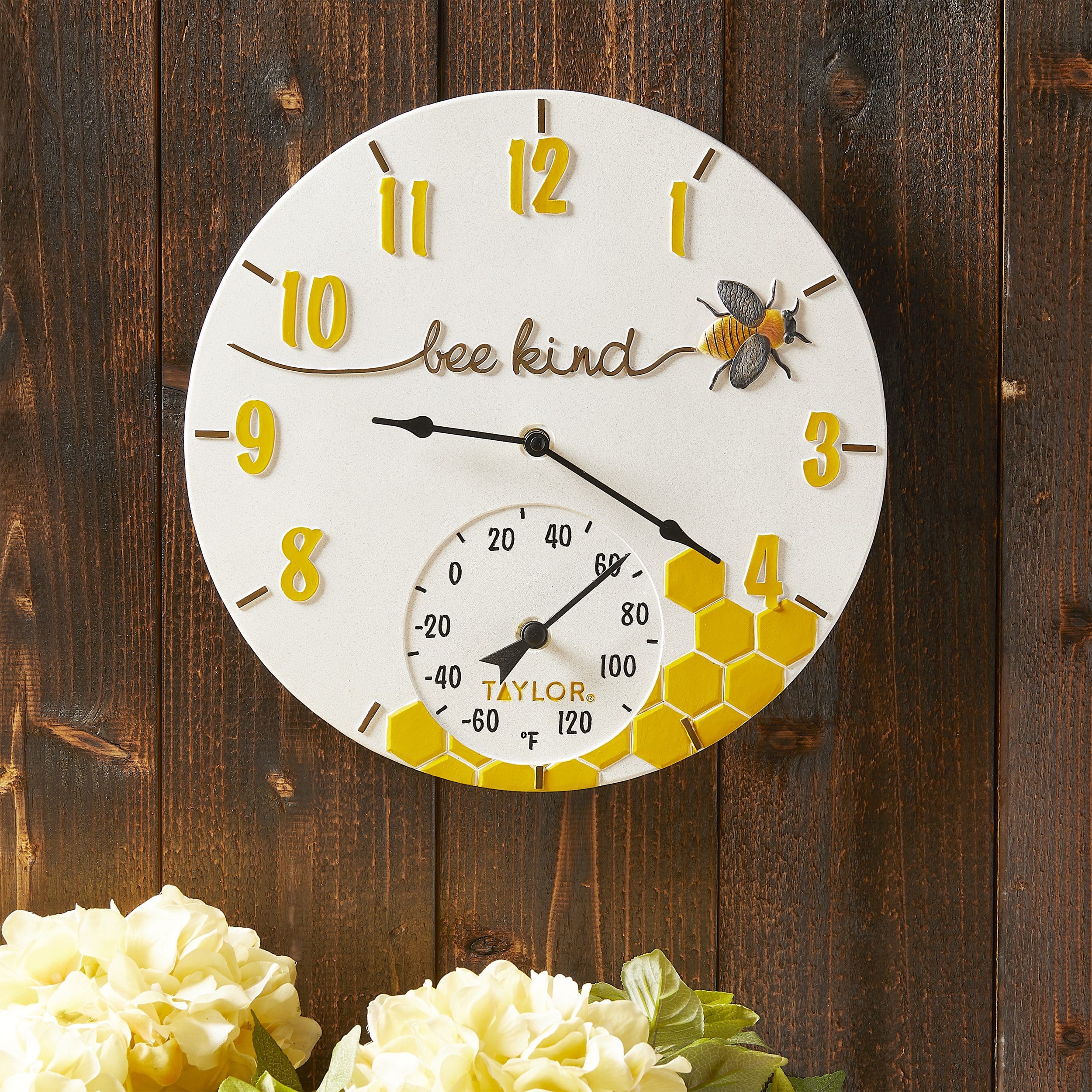 Reloj de poliresina de 14" con termómetro y diseño de abeja