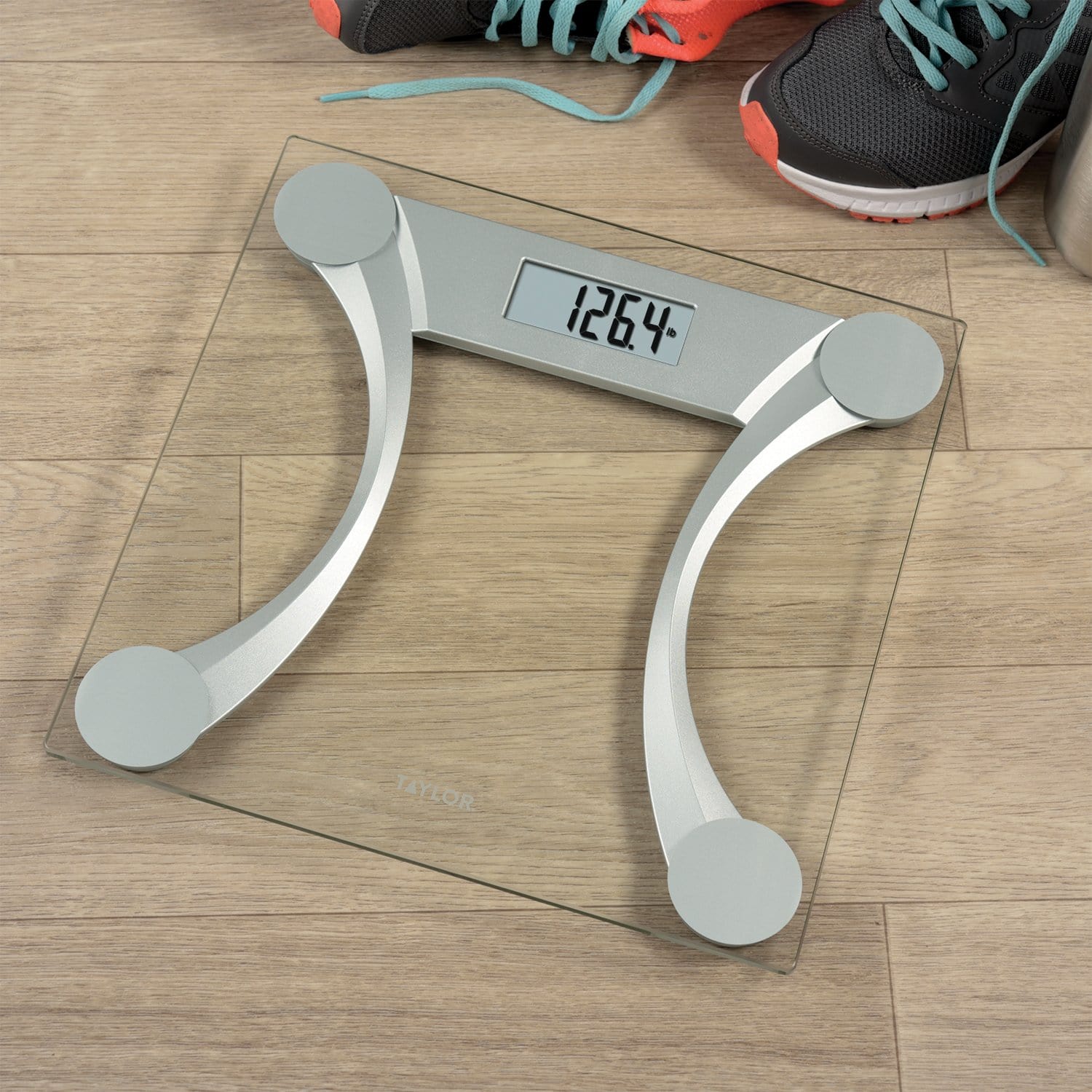 Clear Glass Digital Bathroom Scale with Metallic Accents