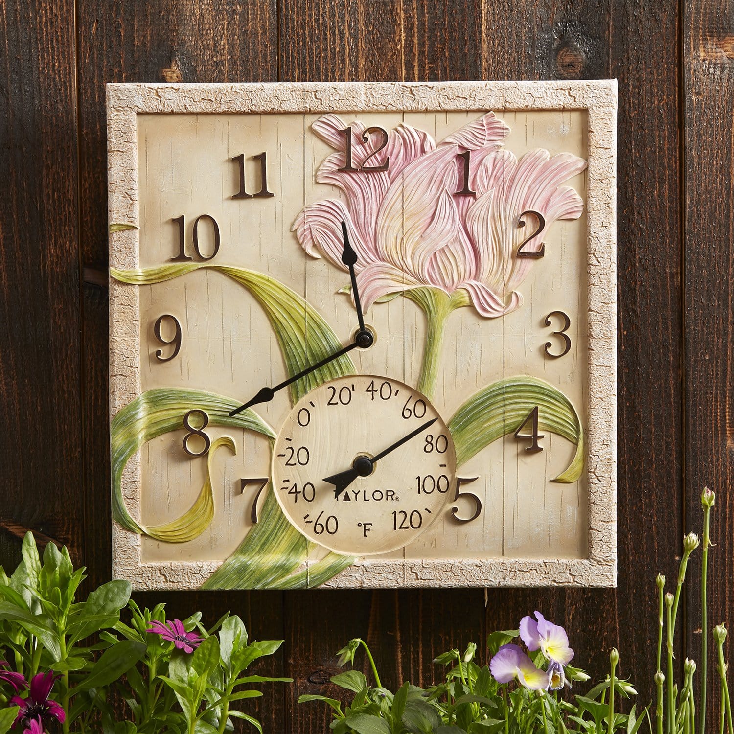 14" Beechwood Flower Clock with Thermometer